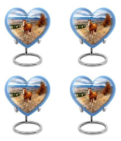 Powder Blue Horse Cremation Urn angled view of lid and engraved motif - loving heart memorial featuring horse pattern - 10 inch aluminum urn for cremated remains