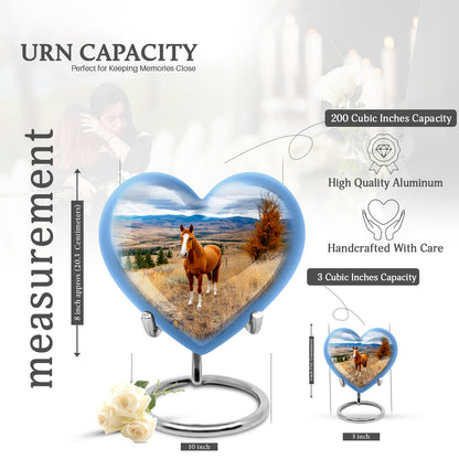 Steel Blue Horse Cremation Urn front view showing detailed design - compassionate heart-horse combination with gentle curves - mini keepsake memorial for portion of cremation ashes