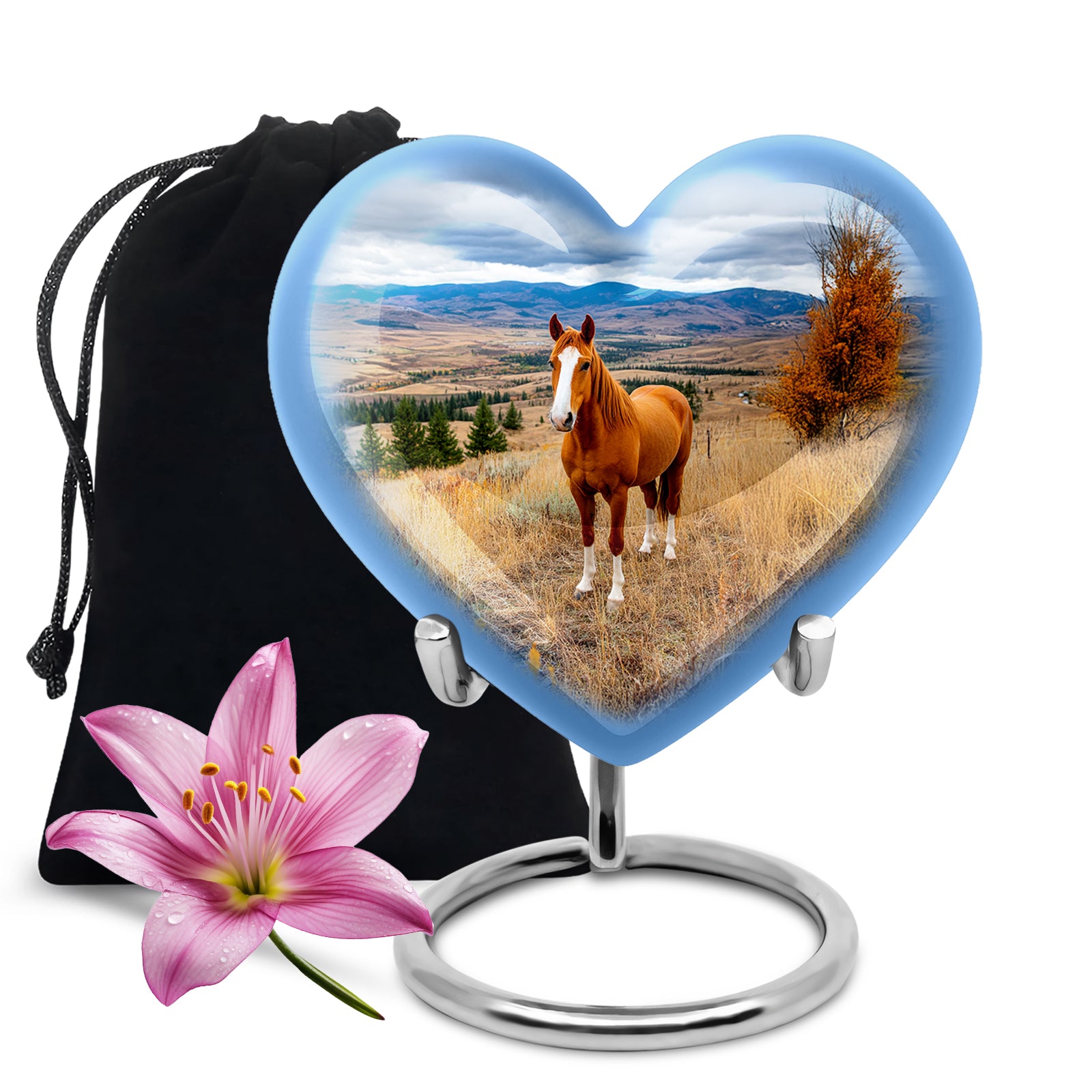 Twilight Blue Horse Cremation Urn detail view - romantic heart urn with horse motif on aluminum - full-size 10 inch 200 cubic inch adult cremation urn