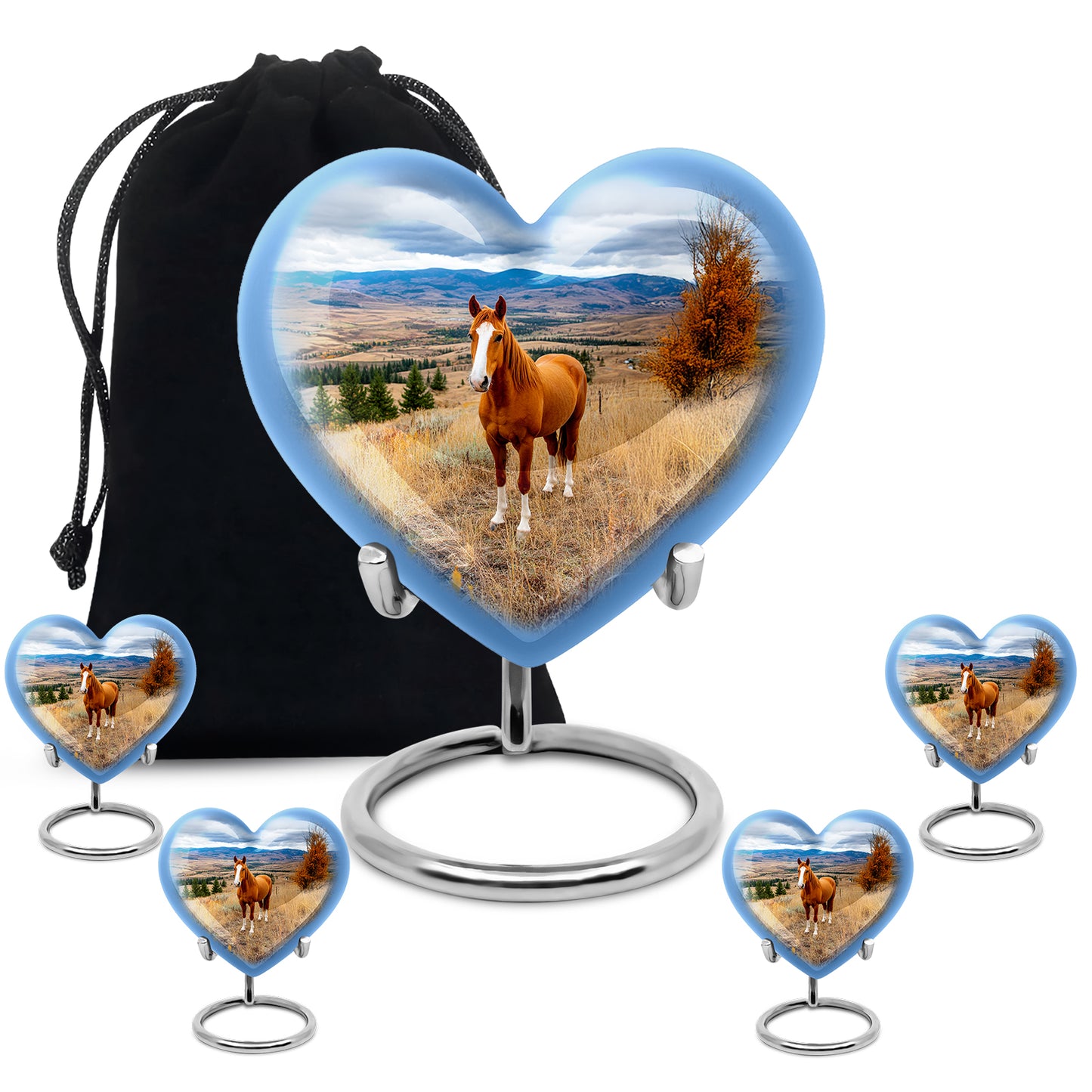 Dusty Blue Horse Cremation Urn close-up of engraving and surface detail - heart-shaped horse design symbolizing eternal love - memorial set with one large and four small urns