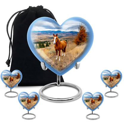 Dusty Blue Horse Cremation Urn close-up of engraving and surface detail - heart-shaped horse design symbolizing eternal love - memorial set with one large and four small urns