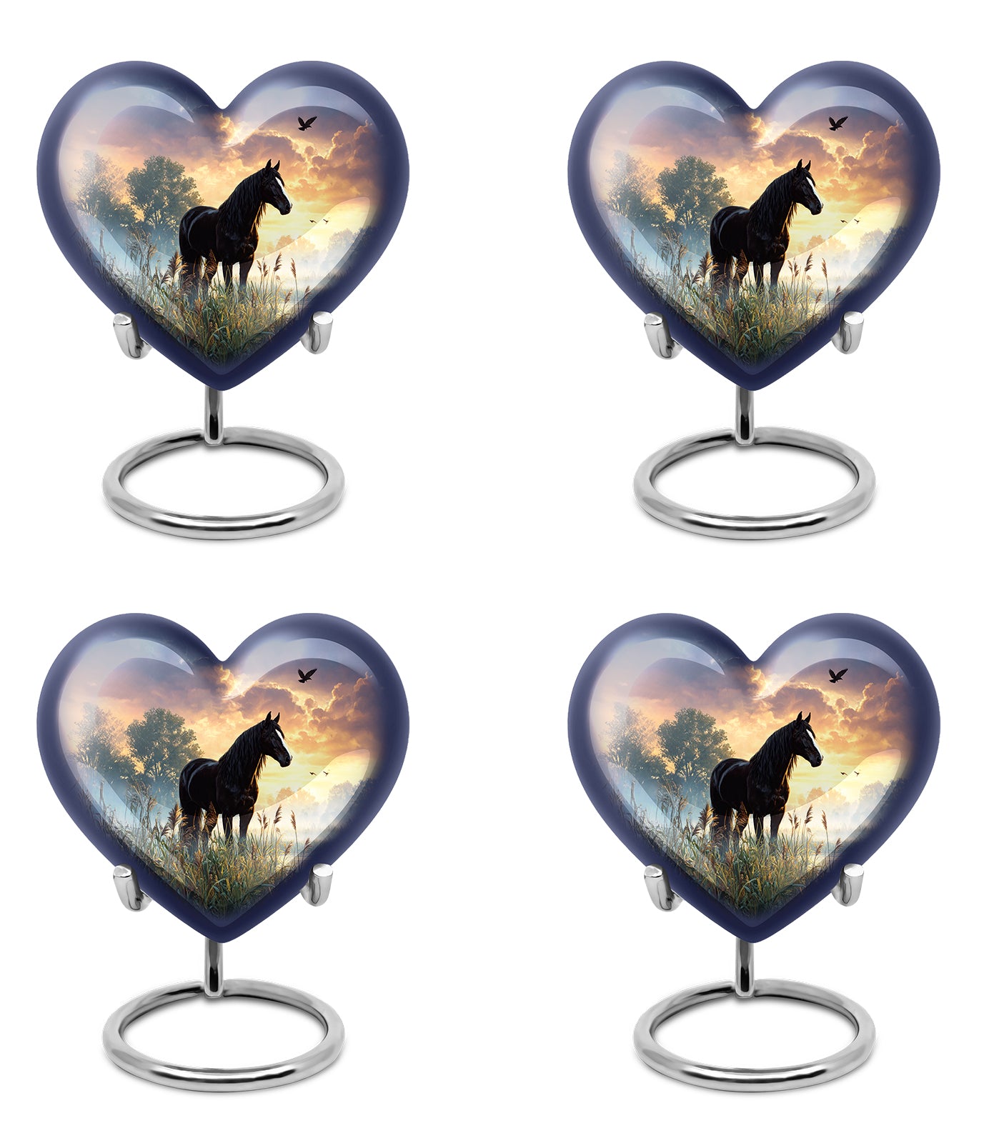 Rich Black Horse Cremation Urn angled view of lid and engraved motif - heart-shaped horse design symbolizing eternal love - 10 inch aluminum urn for cremated remains