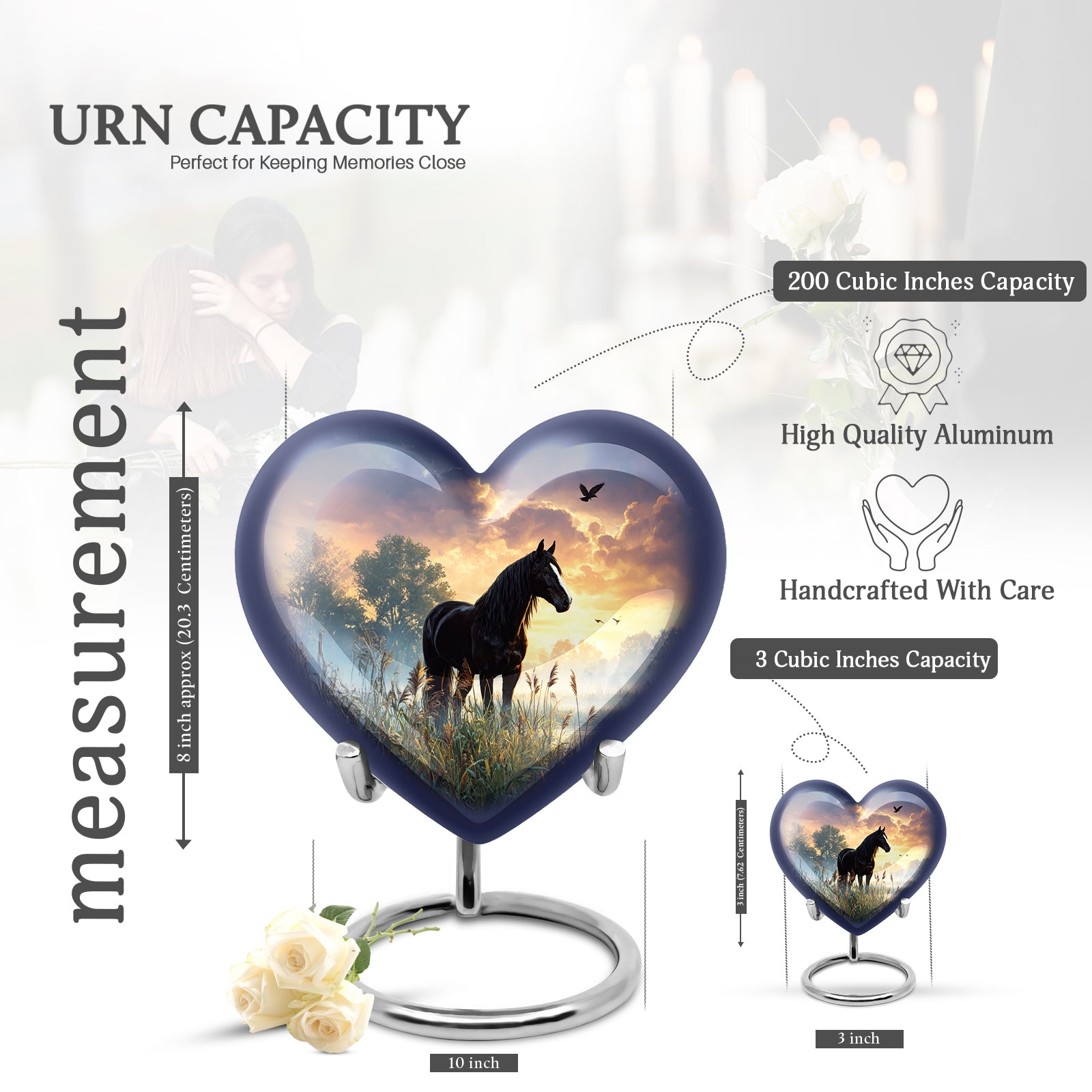 Glossy Black Horse Cremation Urn front view showing detailed design - heart-shaped horse design symbolizing eternal love - mini keepsake memorial for portion of cremation ashes