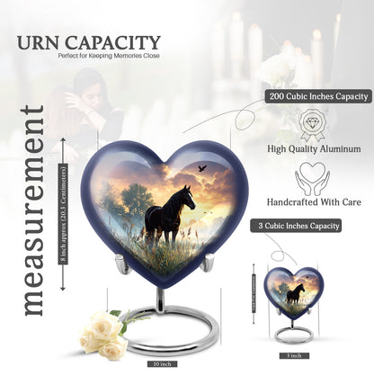 Glossy Black Horse Cremation Urn front view showing detailed design - heart-shaped horse design symbolizing eternal love - mini keepsake memorial for portion of cremation ashes