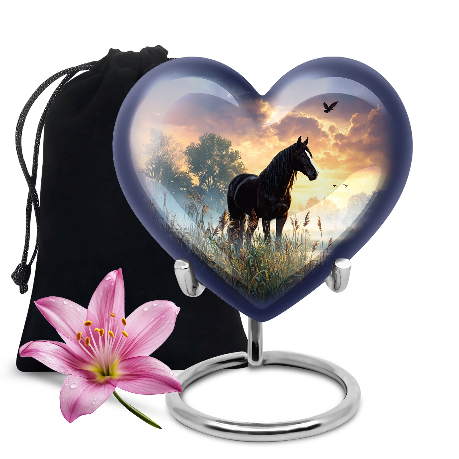 Rich Black Horse Cremation Urn detail view - loving heart memorial featuring horse pattern - full-size 10 inch 200 cubic inch adult cremation urn