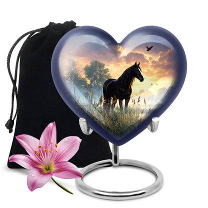 Rich Black Horse Cremation Urn detail view - loving heart memorial featuring horse pattern - full-size 10 inch 200 cubic inch adult cremation urn