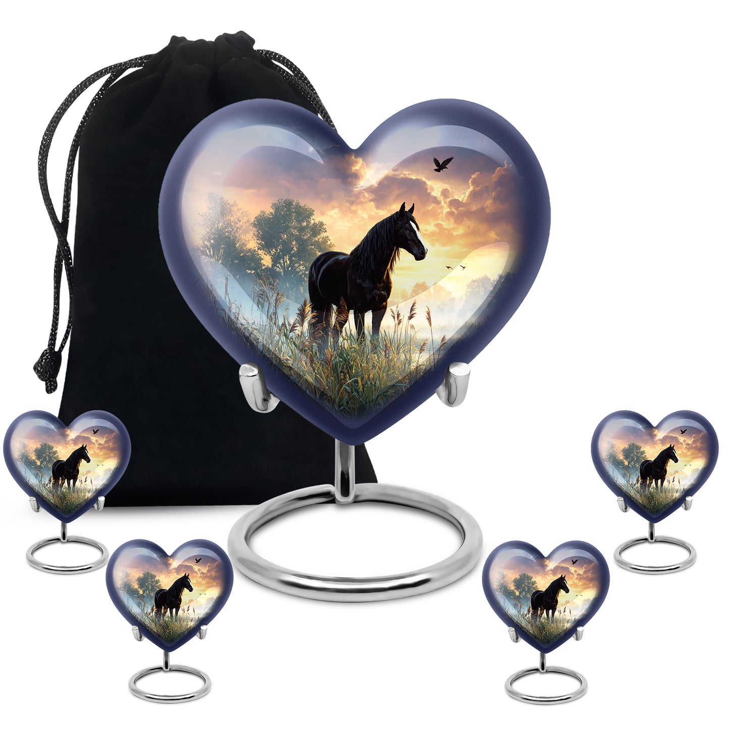 Deep Black Horse Cremation Urn close-up of engraving and surface detail - heart-shaped horse design symbolizing eternal love - memorial set with one large and four small urns