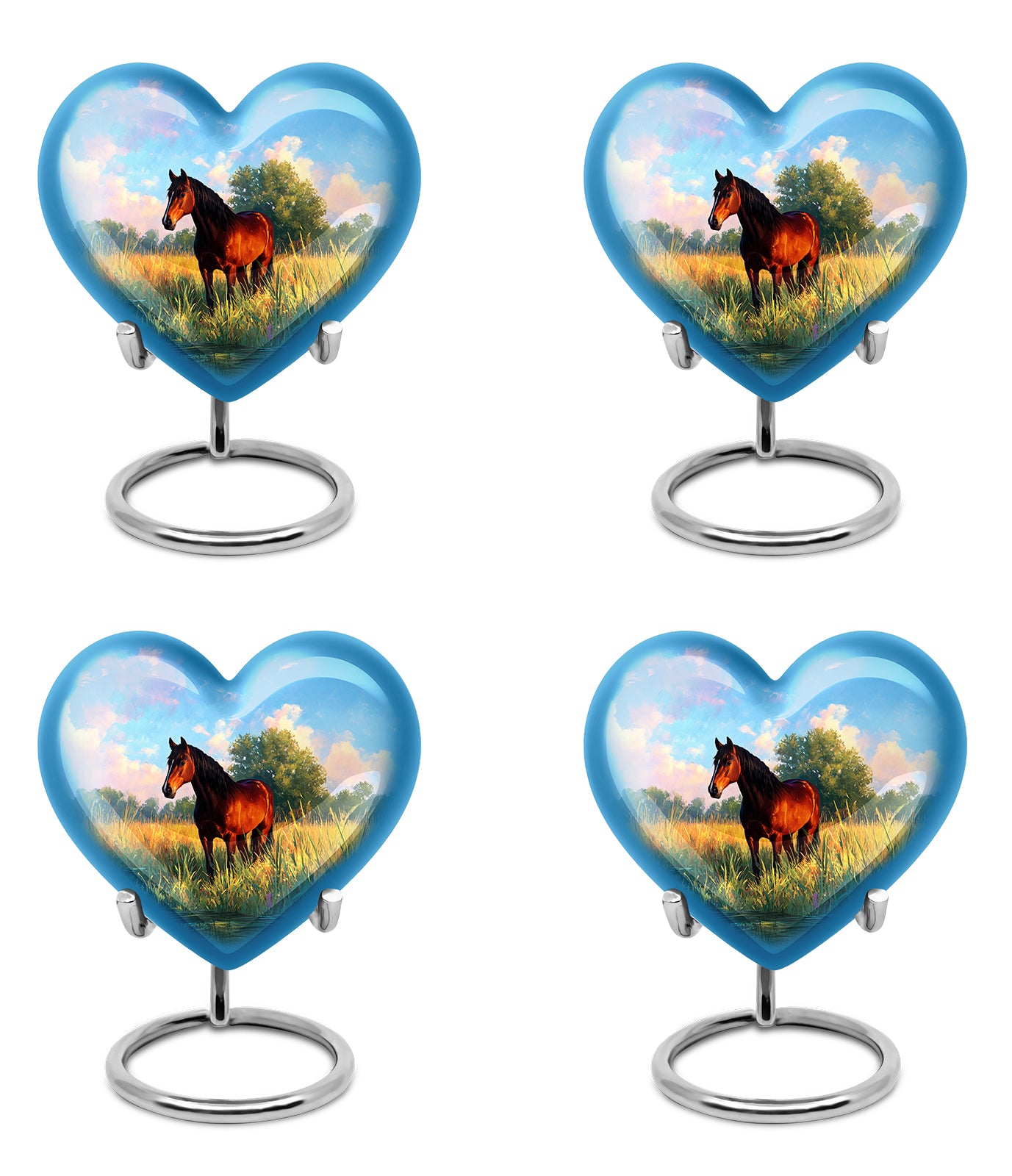 Azure Horse Cremation Urn angled view of lid and engraved motif - loving heart memorial featuring horse pattern - 10 inch aluminum urn for cremated remains