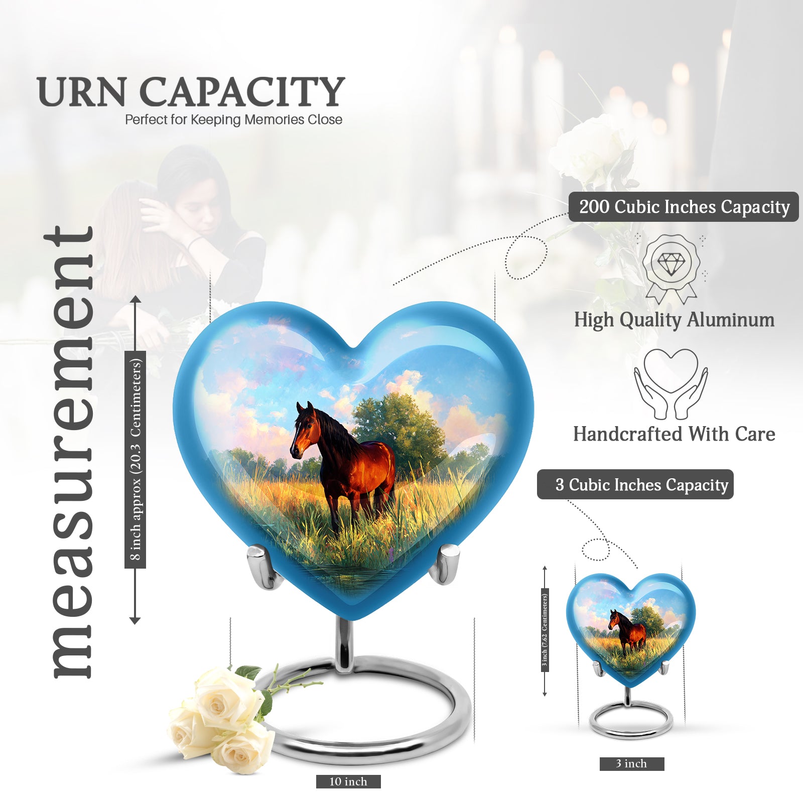 Vivid Blue Horse Cremation Urn front view showing detailed design - romantic heart urn with horse motif on aluminum - mini keepsake memorial for portion of cremation ashes