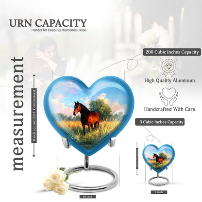 Vivid Blue Horse Cremation Urn front view showing detailed design - romantic heart urn with horse motif on aluminum - mini keepsake memorial for portion of cremation ashes