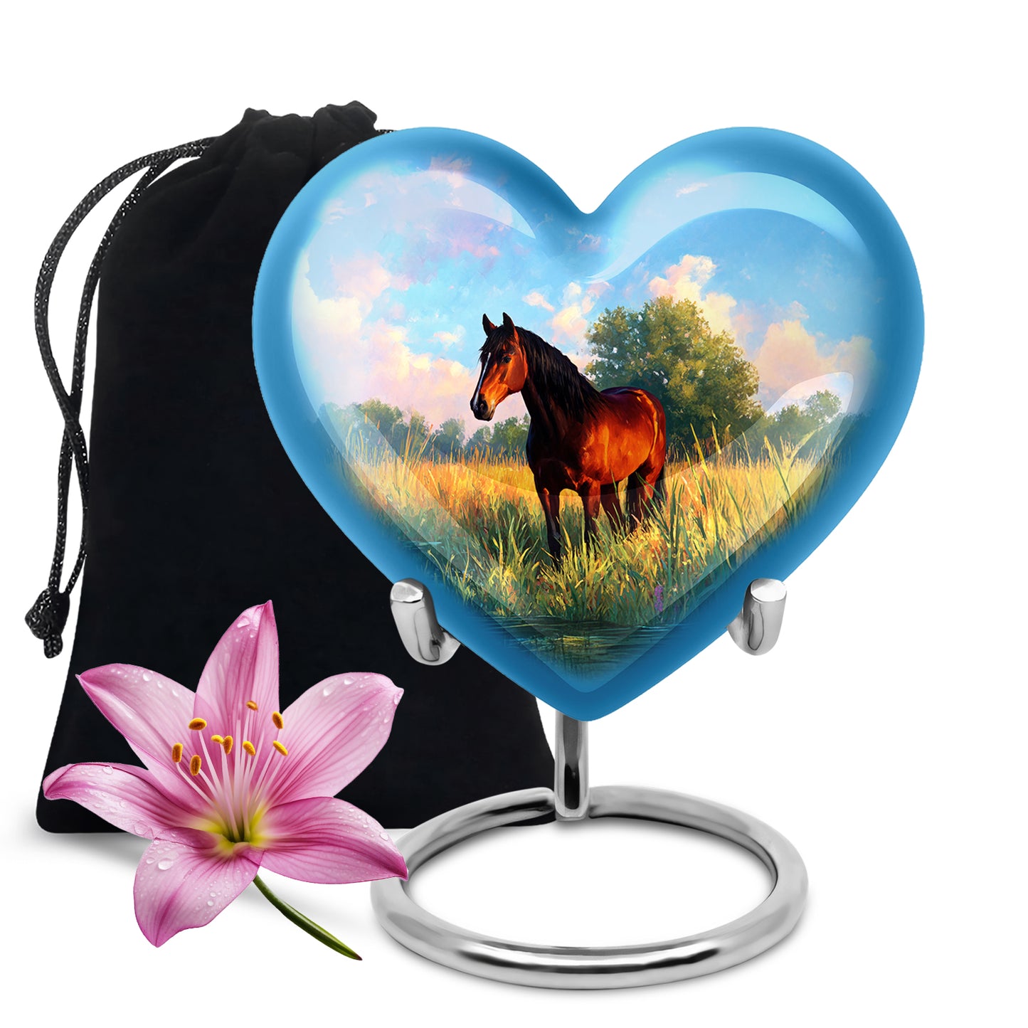 Calming Blue Horse Cremation Urn detail view - romantic heart urn with horse motif on aluminum - full-size 10 inch 200 cubic inch adult cremation urn