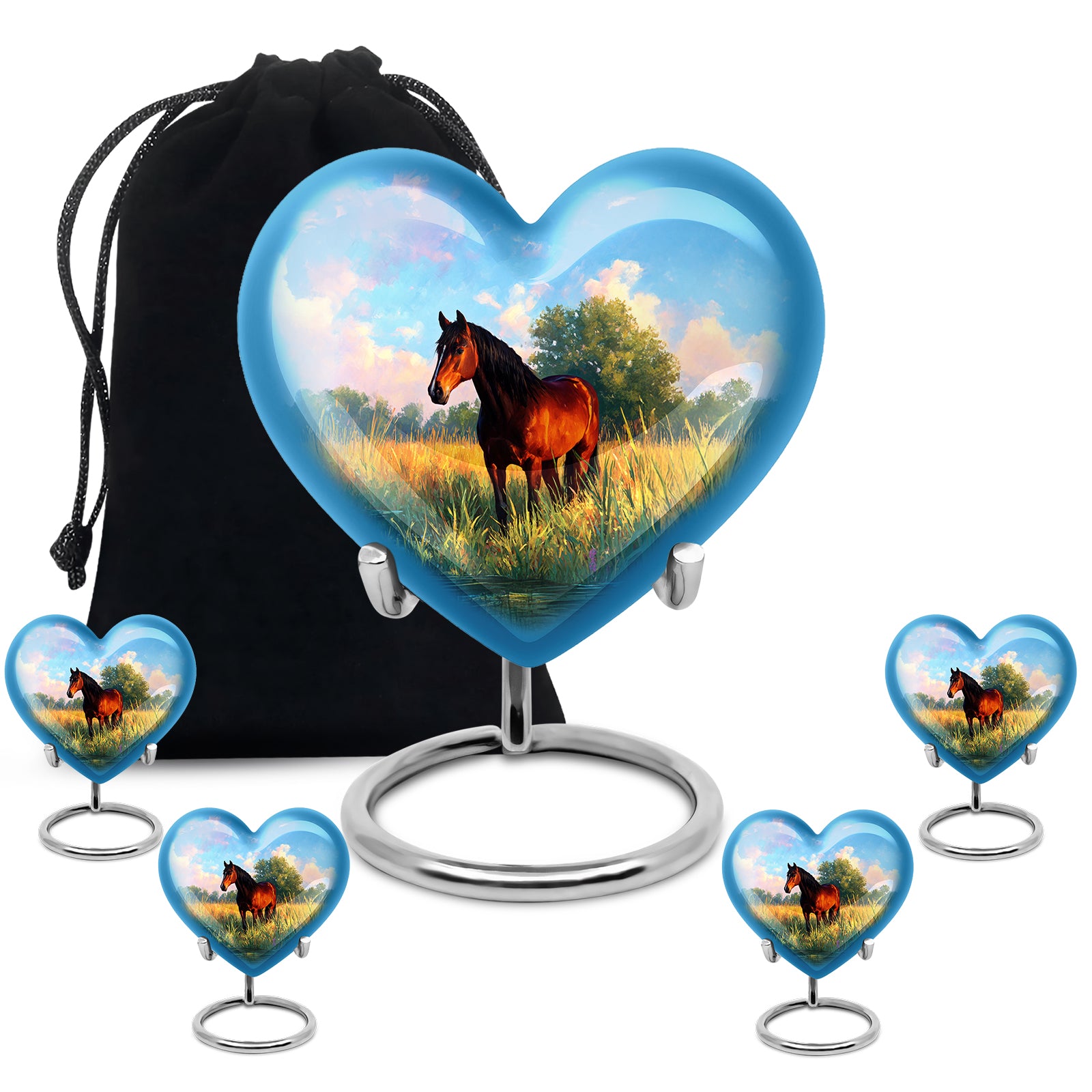 Bright Blue Horse Cremation Urn close-up of engraving and surface detail - romantic heart urn with horse motif on aluminum - memorial set with one large and four small urns
