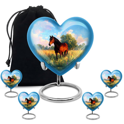 Bright Blue Horse Cremation Urn close-up of engraving and surface detail - romantic heart urn with horse motif on aluminum - memorial set with one large and four small urns