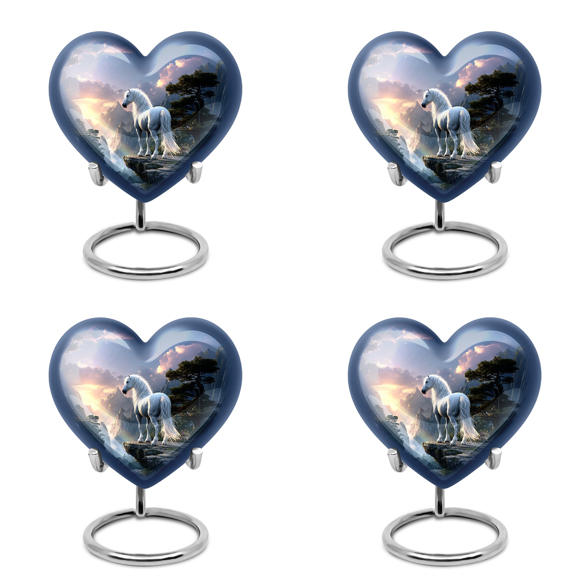 Vivid Blue Horse Cremation Urn angled view of lid and engraved motif - romantic heart urn with horse motif on aluminum - 10 inch aluminum urn for cremated remains