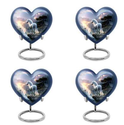 Vivid Blue Horse Cremation Urn angled view of lid and engraved motif - romantic heart urn with horse motif on aluminum - 10 inch aluminum urn for cremated remains