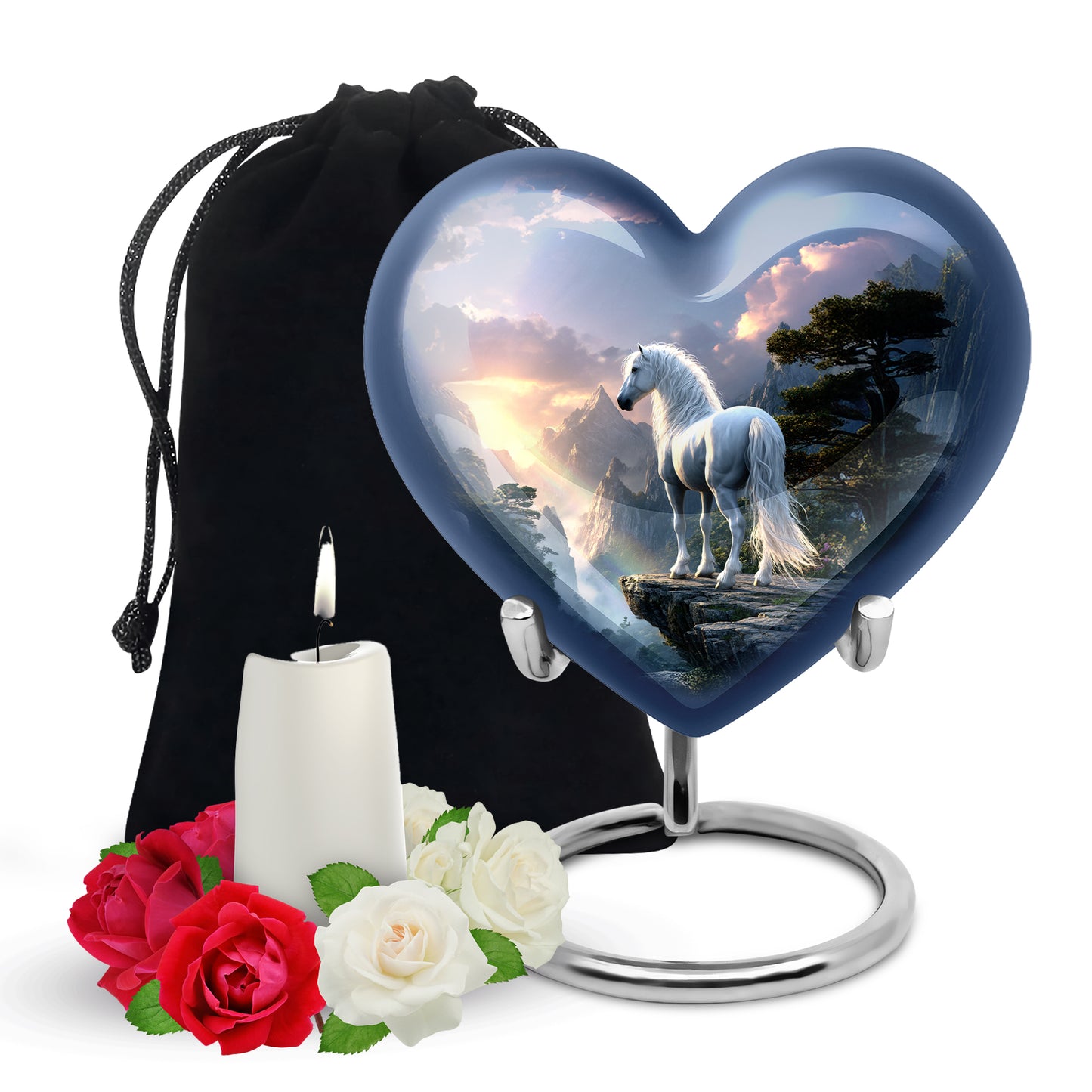 Dusty Blue Horse Cremation Urn detail view - loving heart memorial featuring horse pattern - full-size 10 inch 200 cubic inch adult cremation urn