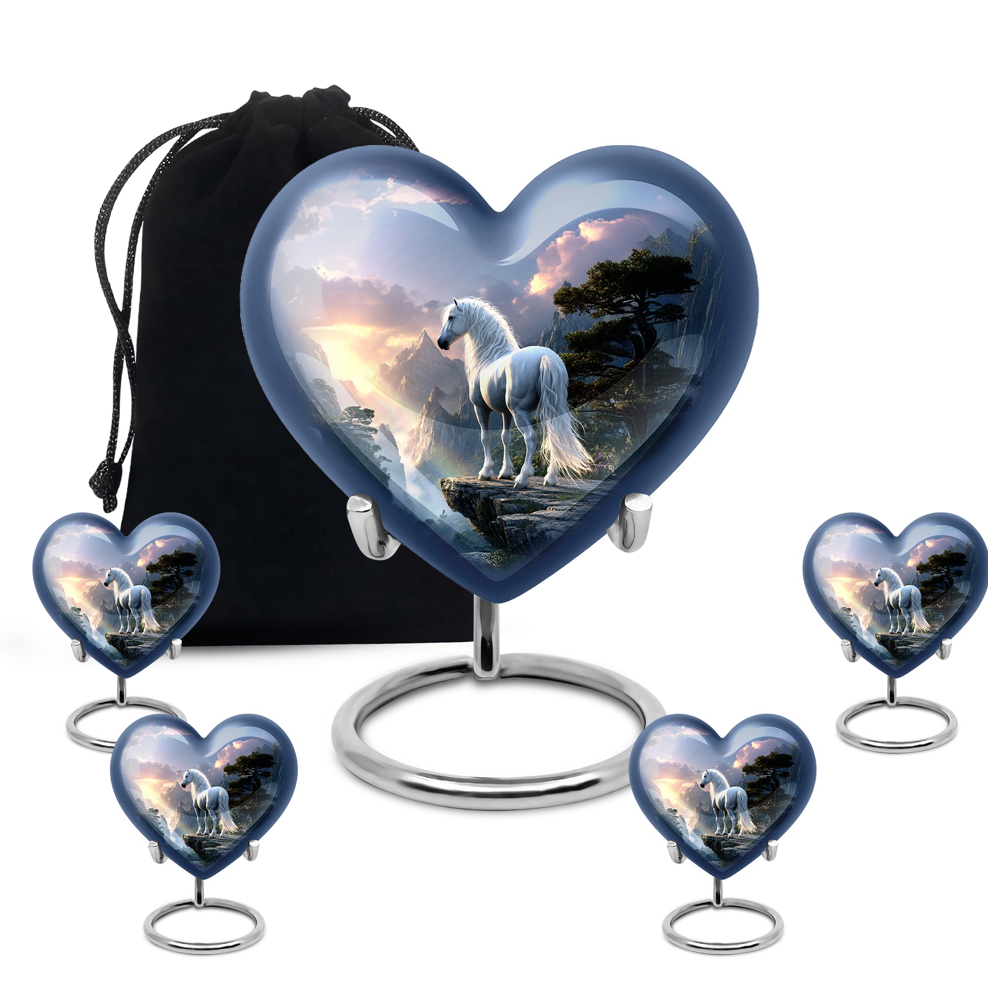 Sapphire Blue Horse Cremation Urn close-up of engraving and surface detail - romantic heart urn with horse motif on aluminum - memorial set with one large and four small urns