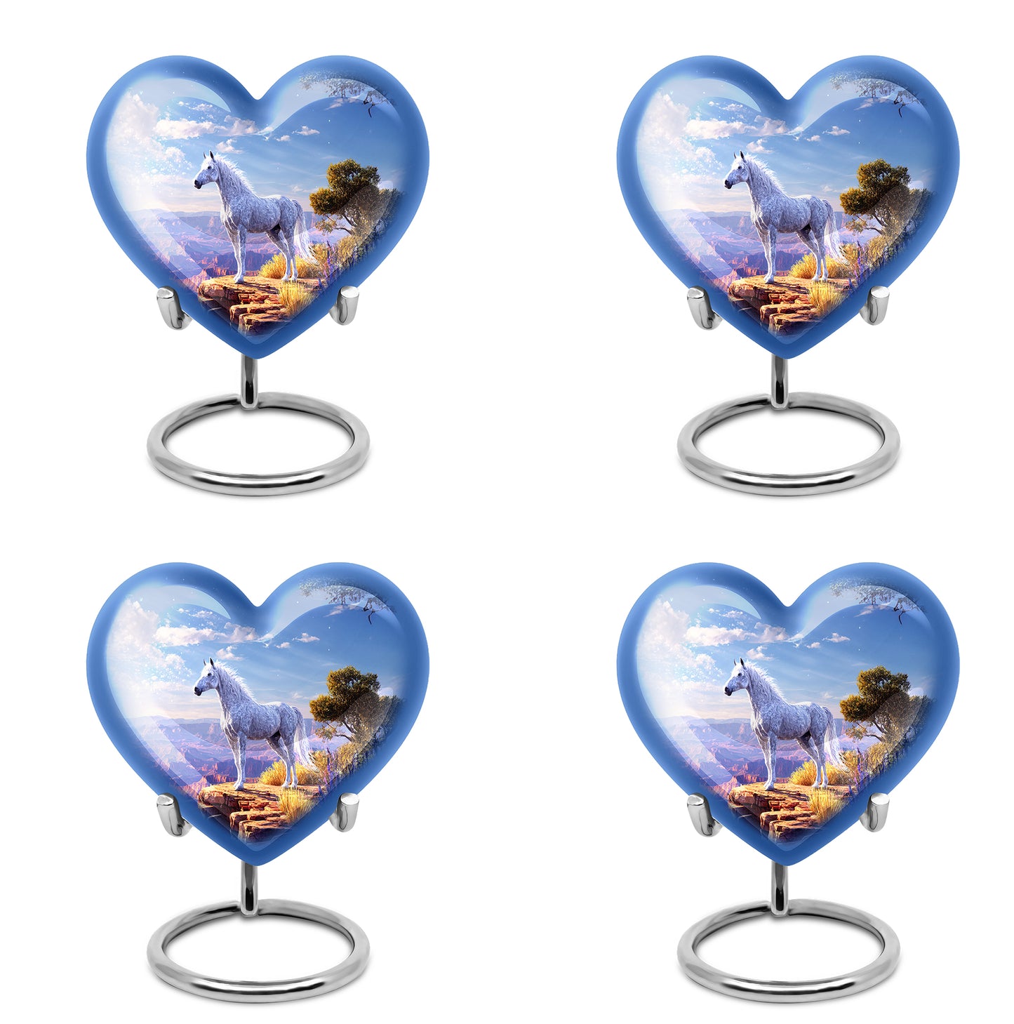 Sapphire Blue Horse Cremation Urn angled view of lid and engraved motif - romantic heart urn with horse motif on aluminum - 10 inch aluminum urn for cremated remains