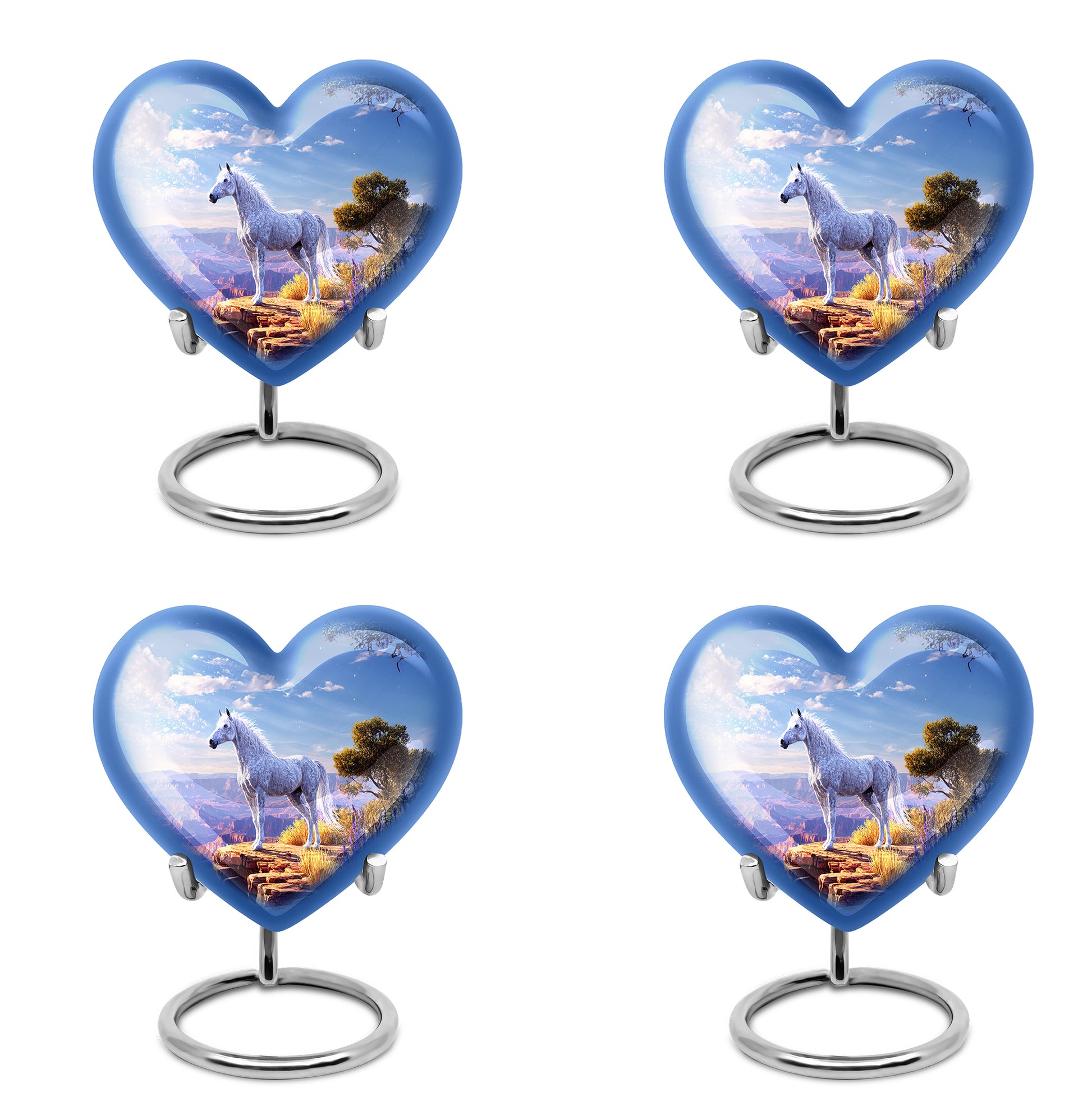 Sapphire Blue Horse Cremation Urn angled view of lid and engraved motif - romantic heart urn with horse motif on aluminum - 10 inch aluminum urn for cremated remains