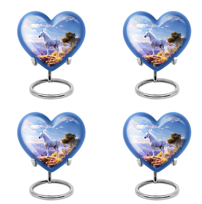 Sapphire Blue Horse Cremation Urn angled view of lid and engraved motif - romantic heart urn with horse motif on aluminum - 10 inch aluminum urn for cremated remains