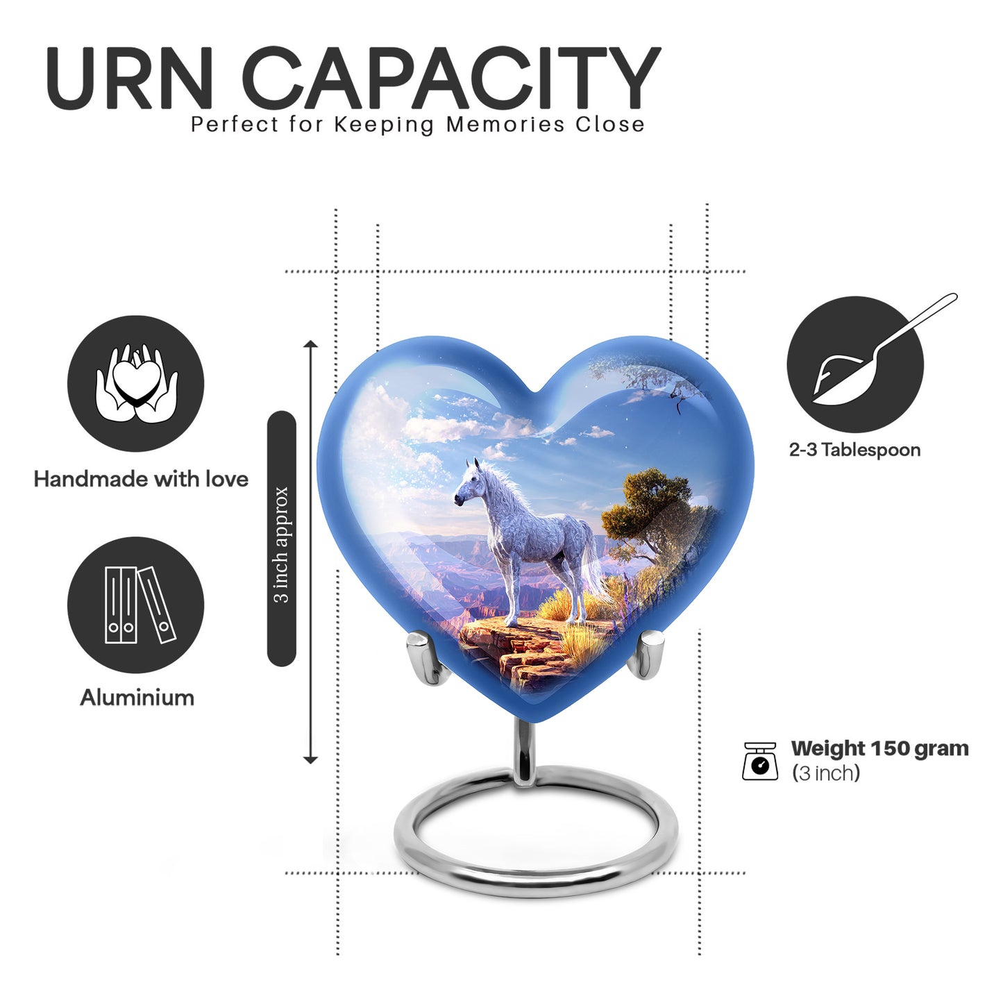 Soft Blue Horse Cremation Urn front view showing detailed design - romantic heart urn with horse motif on aluminum - mini keepsake memorial for portion of cremation ashes
