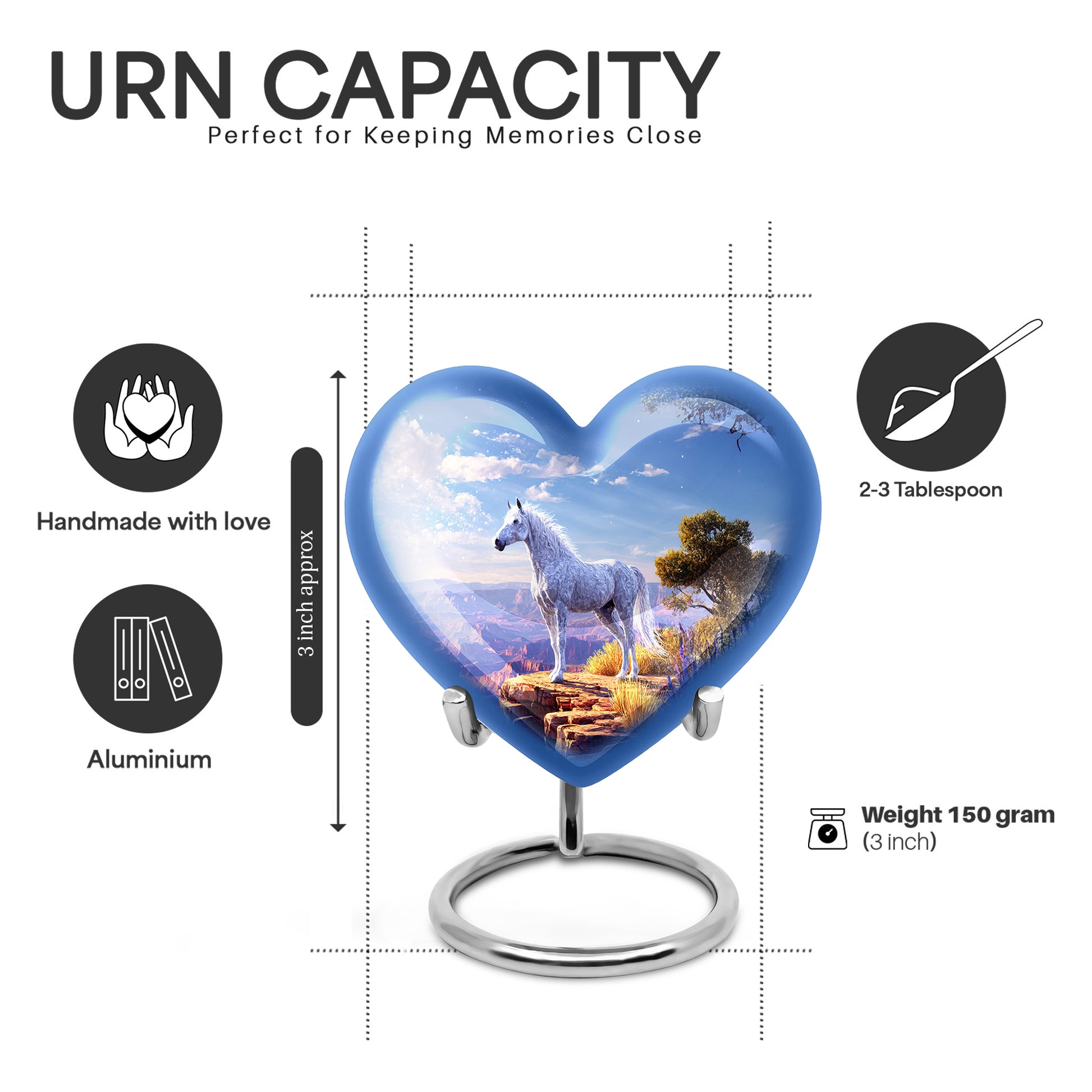 Soft Blue Horse Cremation Urn front view showing detailed design - romantic heart urn with horse motif on aluminum - mini keepsake memorial for portion of cremation ashes