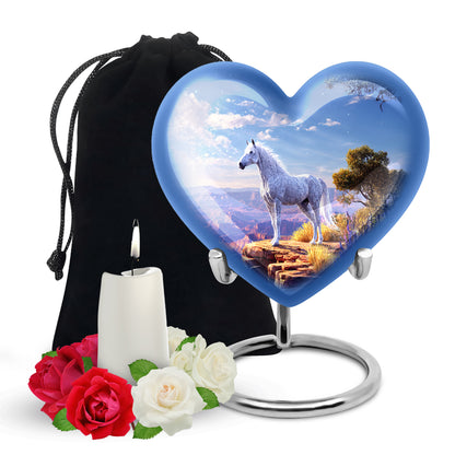 Dusty Blue Horse Cremation Urn detail view - heart-shaped horse design symbolizing eternal love - full-size 10 inch 200 cubic inch adult cremation urn