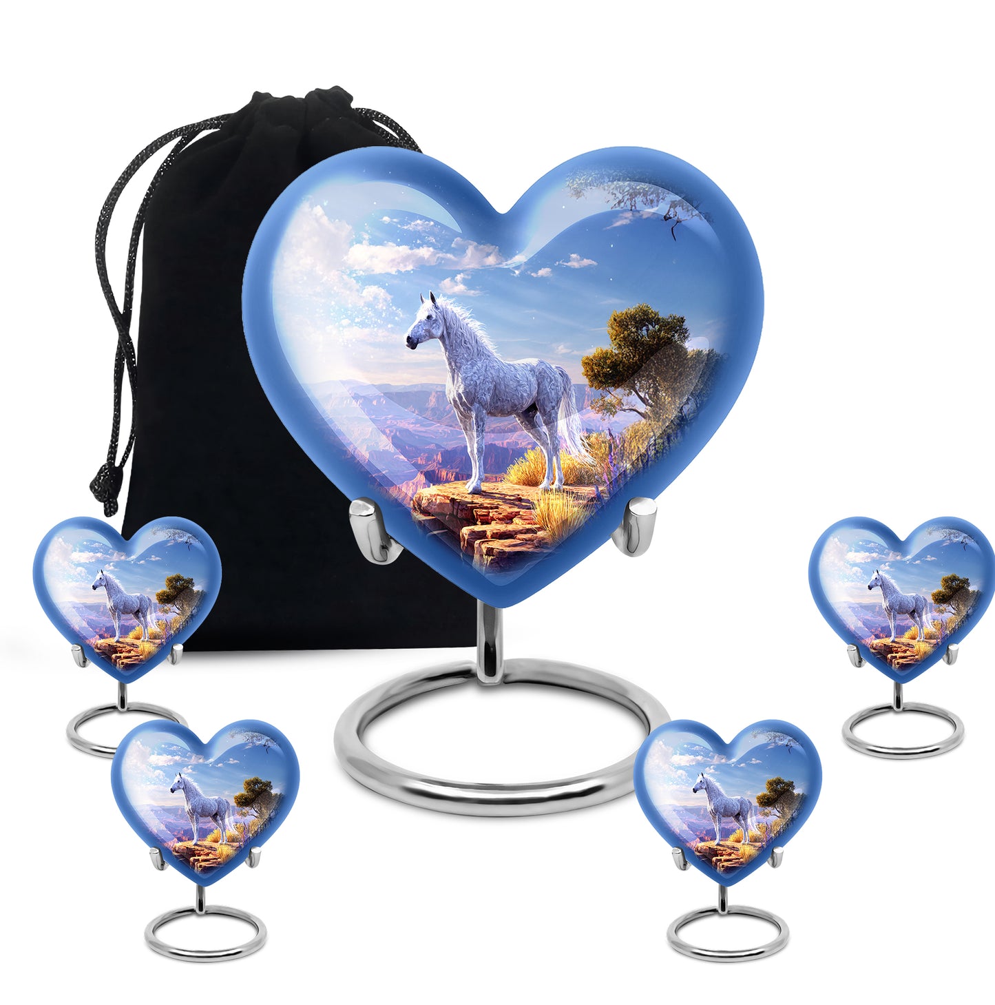 Cornflower Blue Horse Cremation Urn close-up of engraving and surface detail - romantic heart urn with horse motif on aluminum - memorial set with one large and four small urns