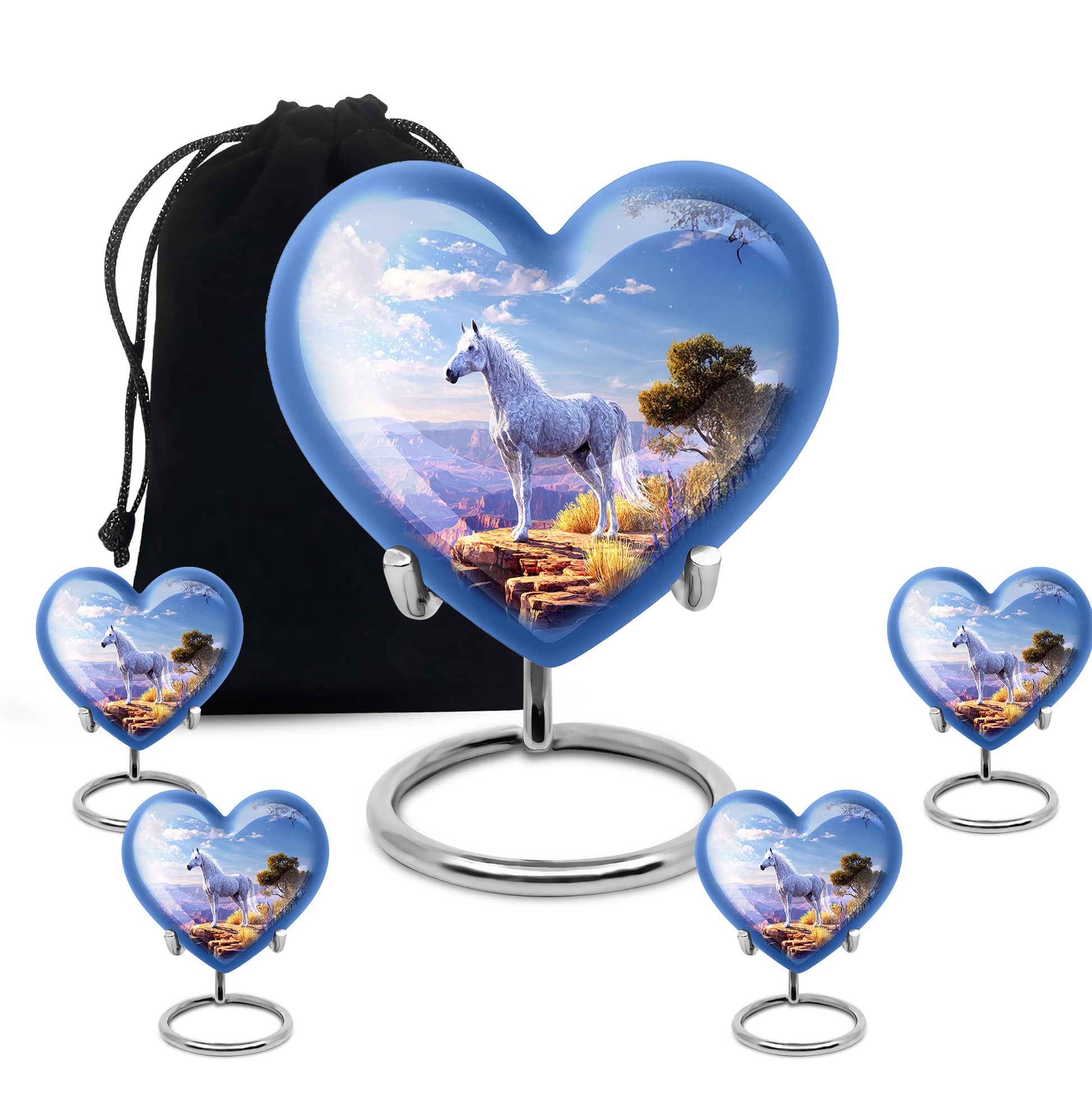 Cornflower Blue Horse Cremation Urn close-up of engraving and surface detail - romantic heart urn with horse motif on aluminum - memorial set with one large and four small urns