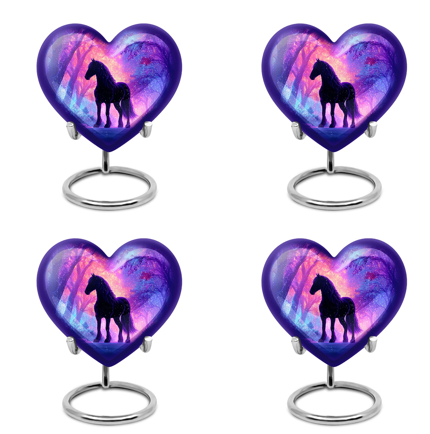 Serene Blue Horse Cremation Urn angled view of lid and engraved motif - compassionate heart-horse combination with gentle curves - 10 inch aluminum urn for cremated remains