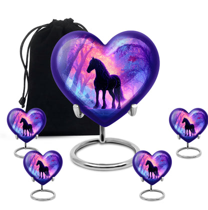 Slate Blue Horse Cremation Urn close-up of engraving and surface detail - heart-shaped horse design symbolizing eternal love - memorial set with one large and four small urns