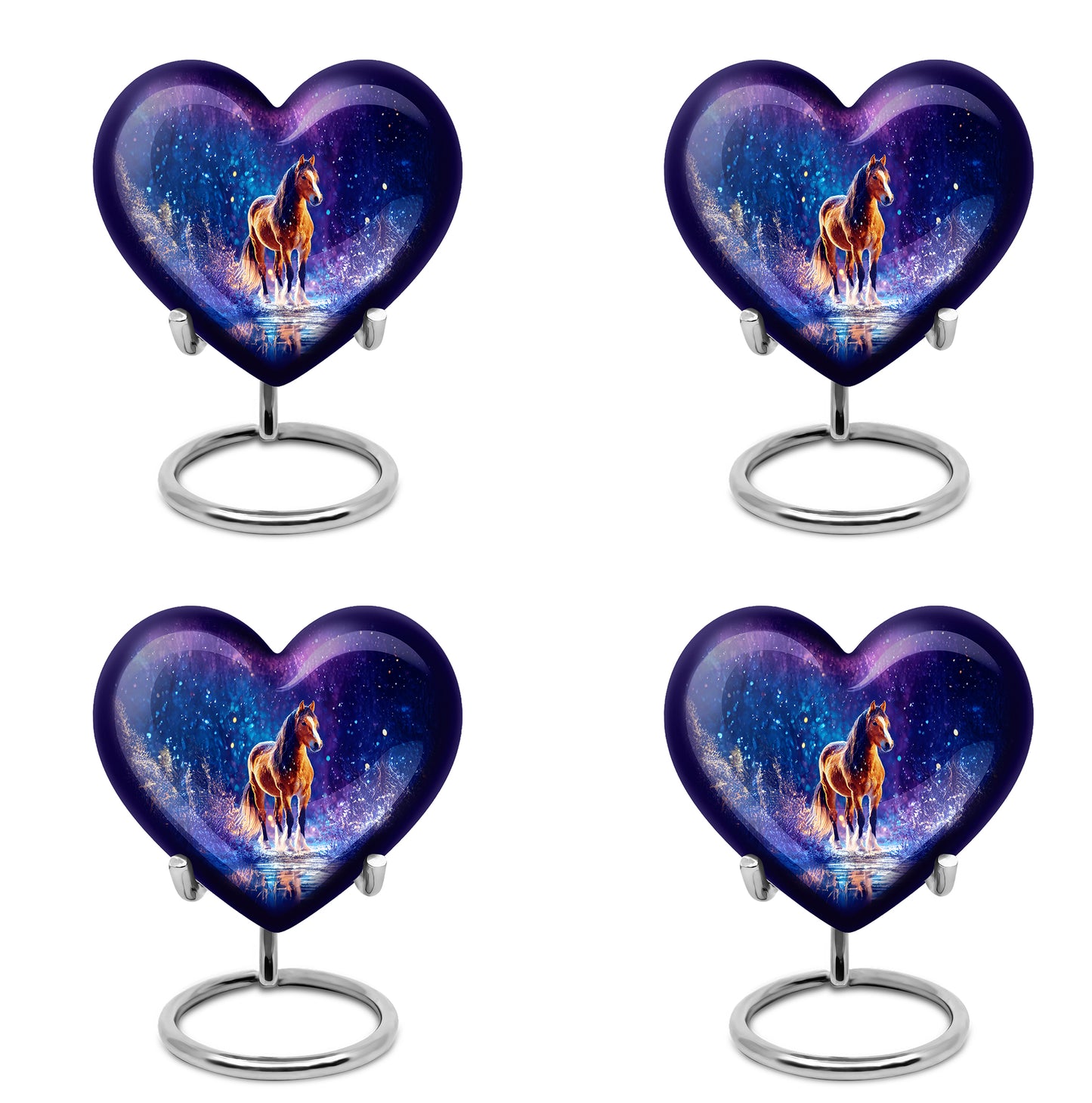 Icy Blue Horse Cremation Urn angled view of lid and engraved motif - heart-shaped horse design symbolizing eternal love - 10 inch aluminum urn for cremated remains