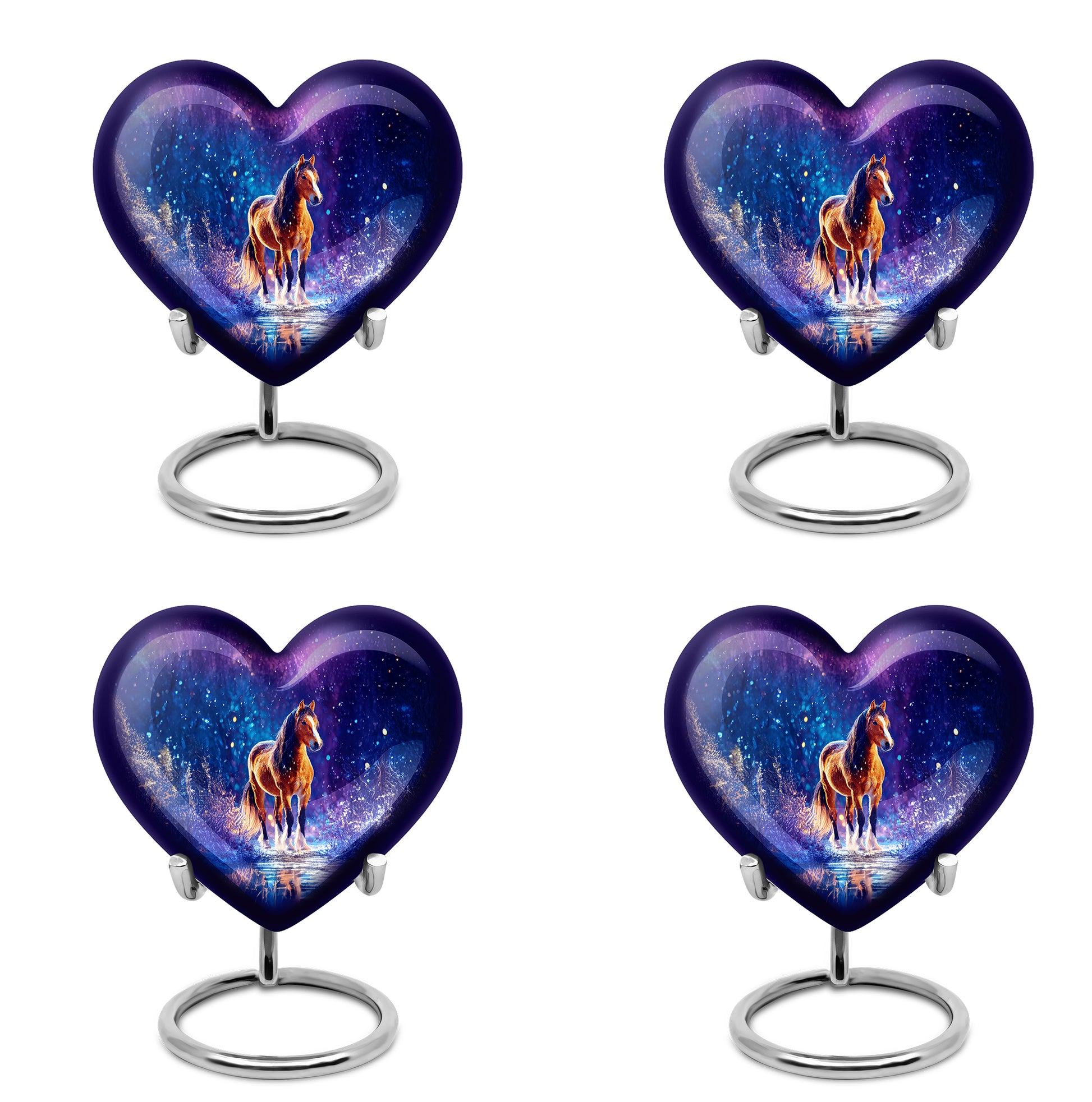 Icy Blue Horse Cremation Urn angled view of lid and engraved motif - heart-shaped horse design symbolizing eternal love - 10 inch aluminum urn for cremated remains