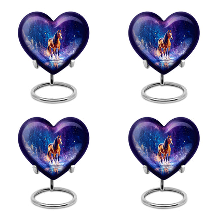 Icy Blue Horse Cremation Urn angled view of lid and engraved motif - heart-shaped horse design symbolizing eternal love - 10 inch aluminum urn for cremated remains