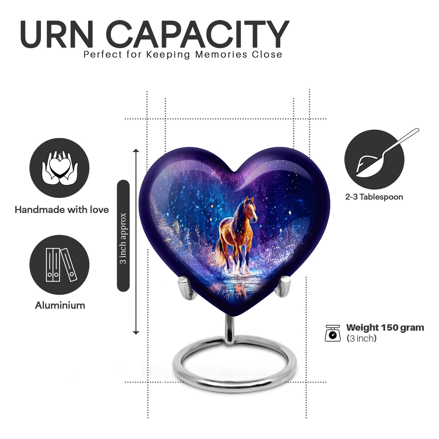 Vivid Blue Horse Cremation Urn front view showing detailed design - romantic heart urn with horse motif on aluminum - mini keepsake memorial for portion of cremation ashes