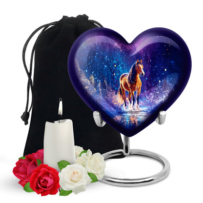 Calming Blue Horse Cremation Urn detail view - romantic heart urn with horse motif on aluminum - full-size 10 inch 200 cubic inch adult cremation urn