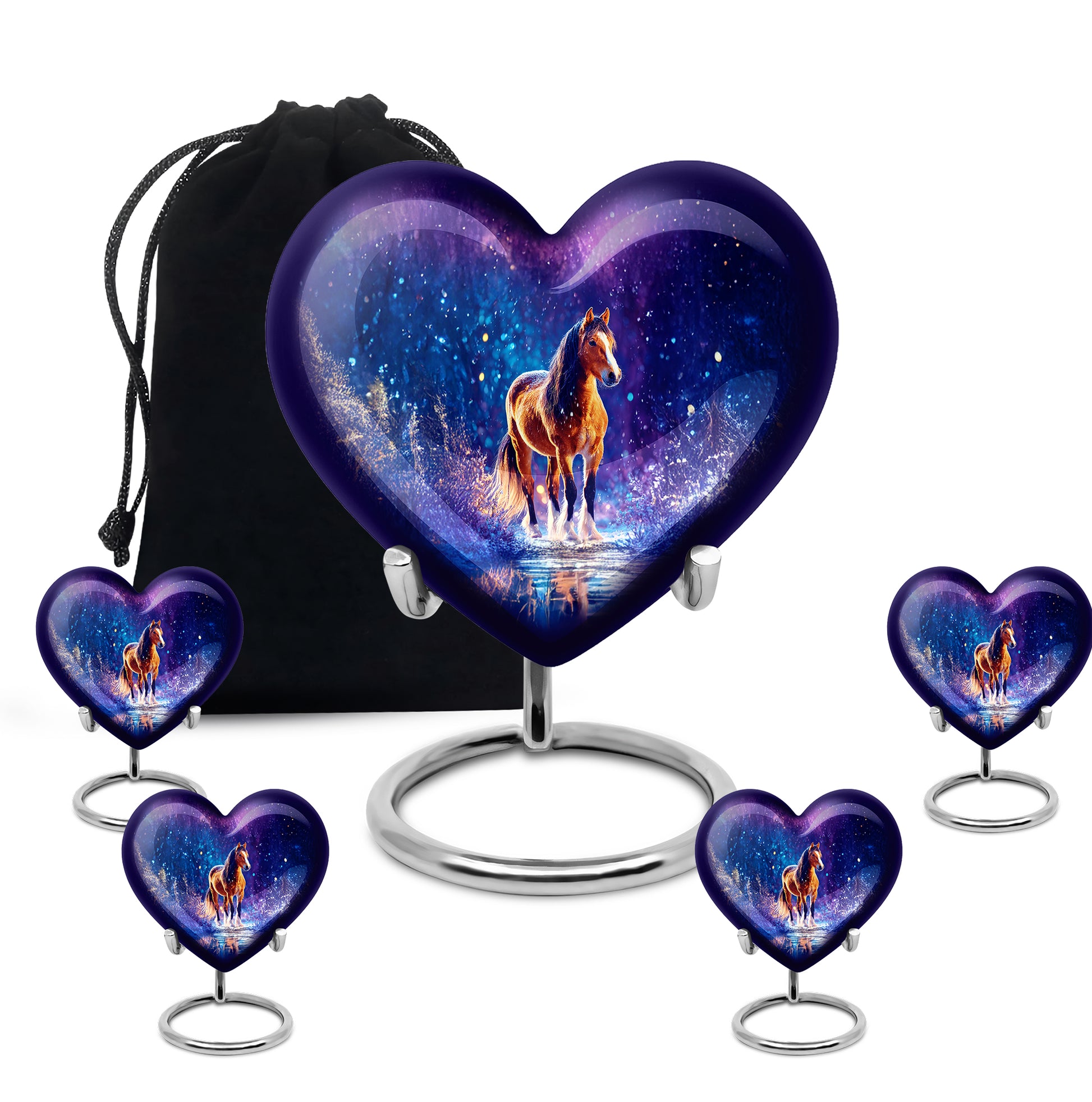 Azure Horse Cremation Urn close-up of engraving and surface detail - loving heart memorial featuring horse pattern - memorial set with one large and four small urns