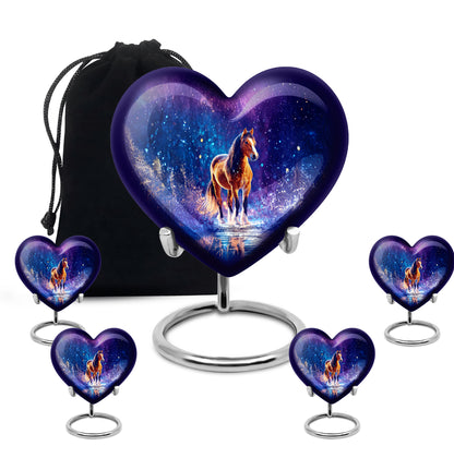 Azure Horse Cremation Urn close-up of engraving and surface detail - loving heart memorial featuring horse pattern - memorial set with one large and four small urns