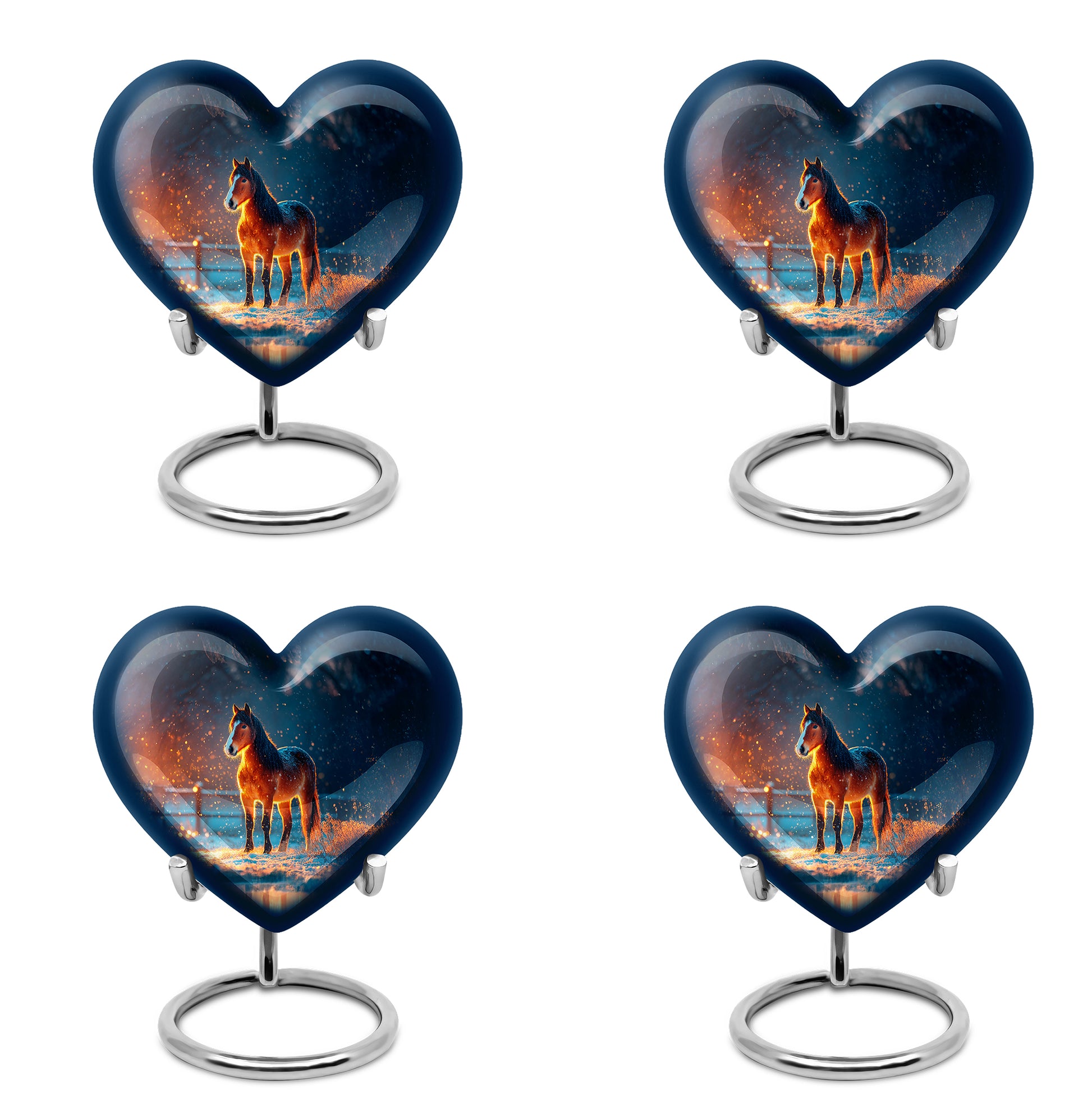 Cobalt Blue Horse Cremation Urn angled view of lid and engraved motif - compassionate heart-horse combination with gentle curves - 10 inch aluminum urn for cremated remains
