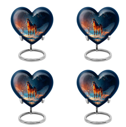 Cobalt Blue Horse Cremation Urn angled view of lid and engraved motif - compassionate heart-horse combination with gentle curves - 10 inch aluminum urn for cremated remains