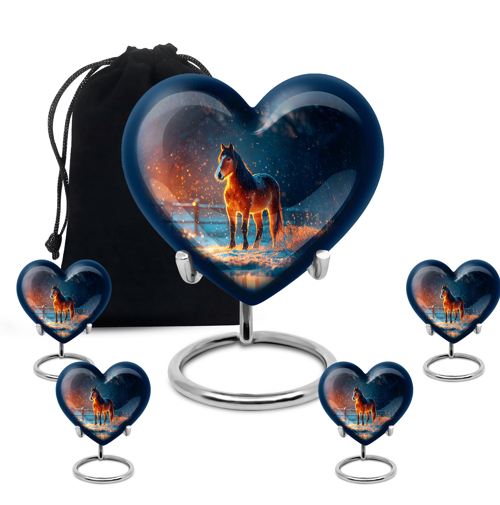 Twilight Blue Horse Cremation Urn close-up of engraving and surface detail - compassionate heart-horse combination with gentle curves - memorial set with one large and four small urns