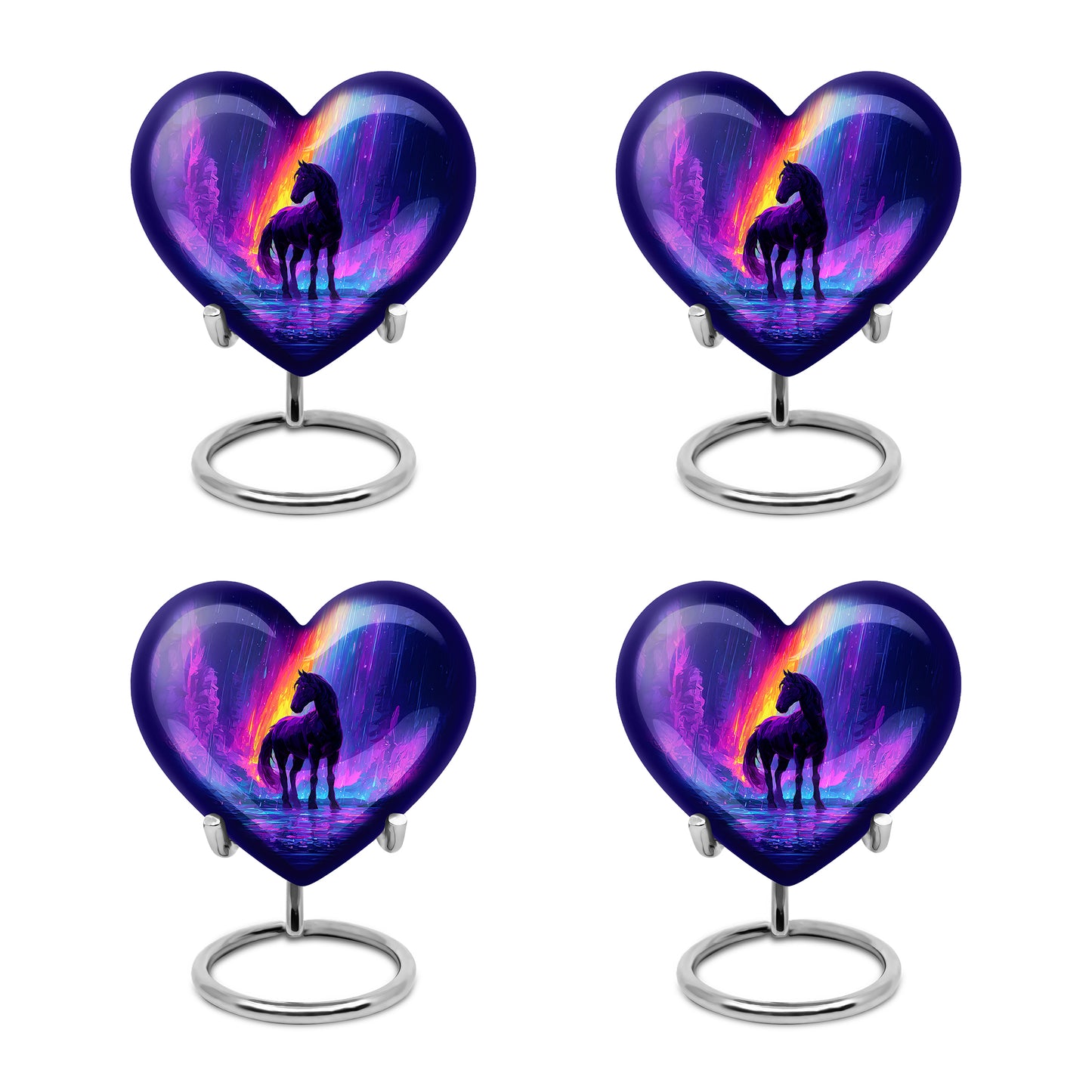 Azure Horse Cremation Urn angled view of lid and engraved motif - heart-shaped horse design symbolizing eternal love - 10 inch aluminum urn for cremated remains