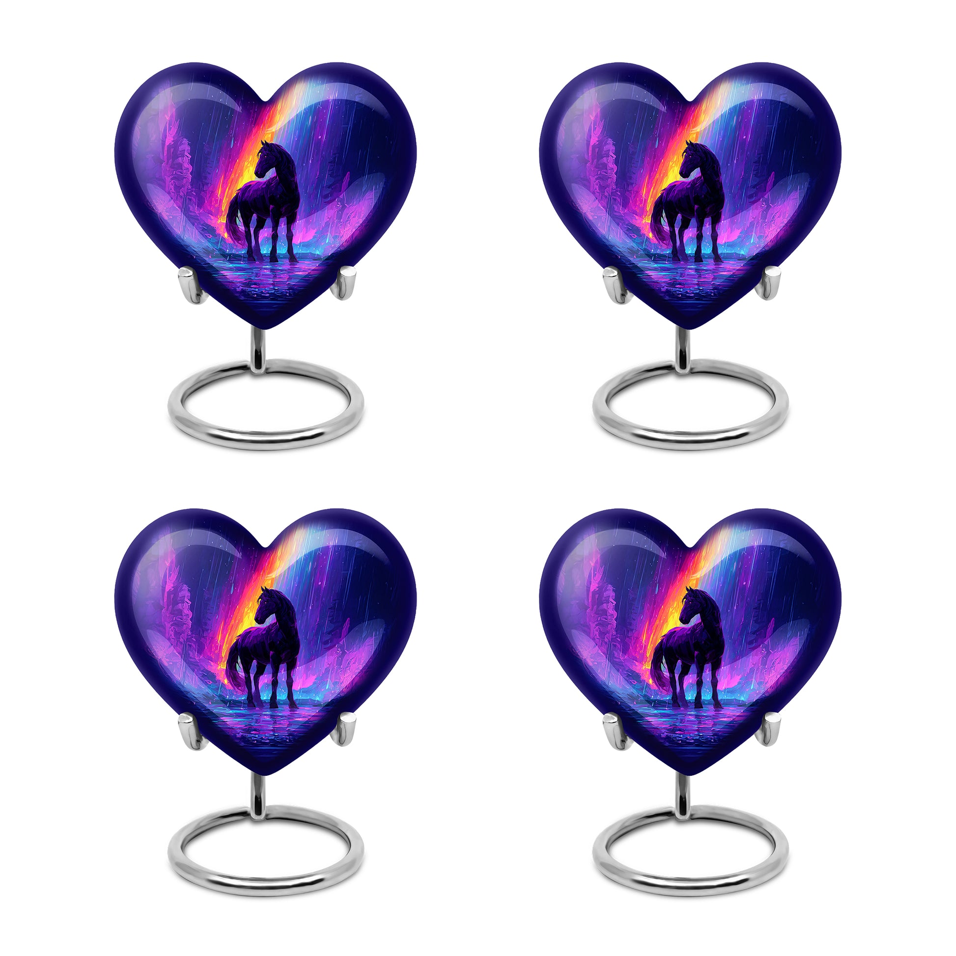 Azure Horse Cremation Urn angled view of lid and engraved motif - heart-shaped horse design symbolizing eternal love - 10 inch aluminum urn for cremated remains