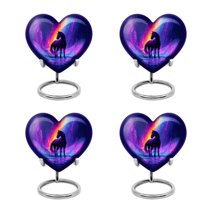 Azure Horse Cremation Urn angled view of lid and engraved motif - heart-shaped horse design symbolizing eternal love - 10 inch aluminum urn for cremated remains