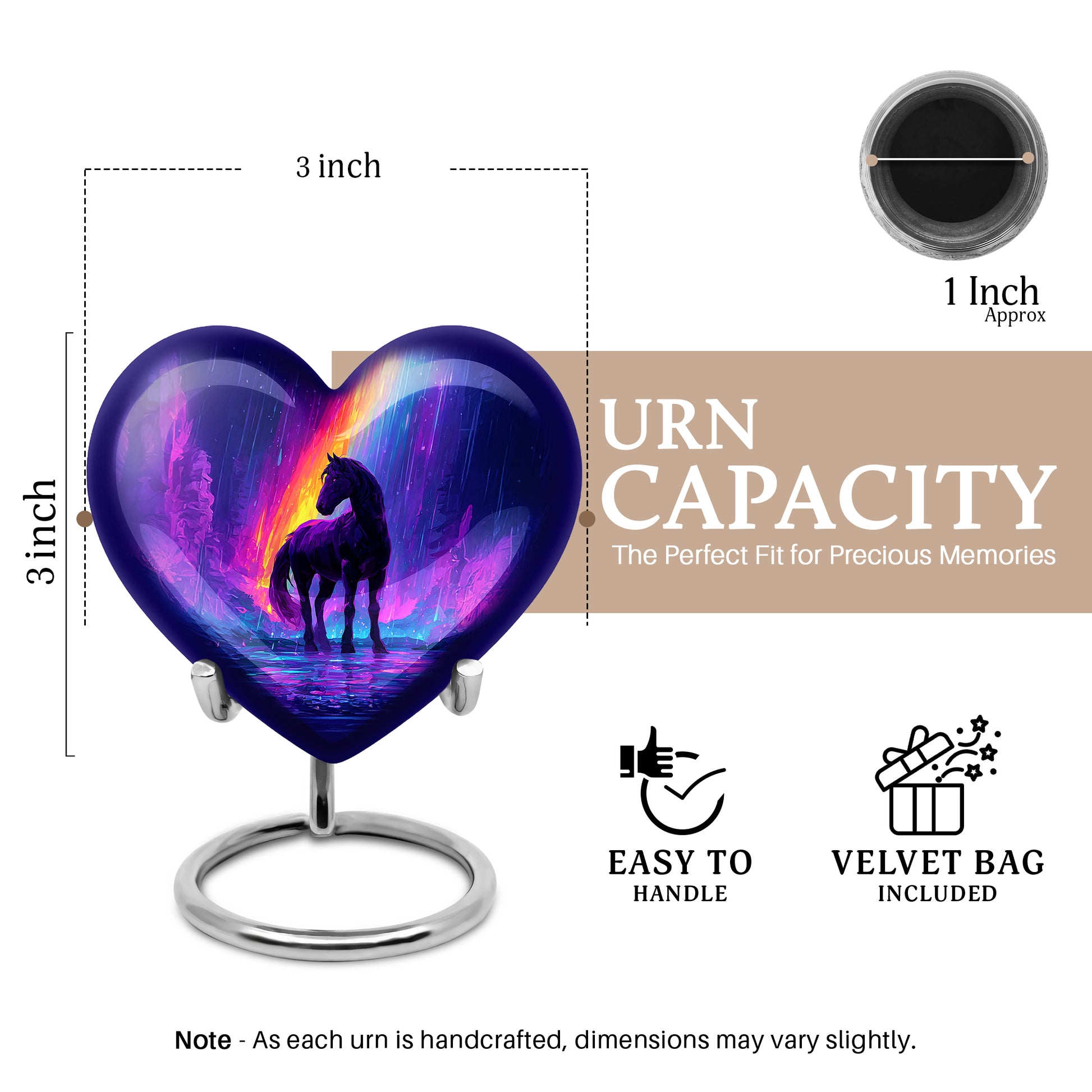 Navy Blue Horse Cremation Urn front view showing detailed design - heart-shaped horse design symbolizing eternal love - mini keepsake memorial for portion of cremation ashes