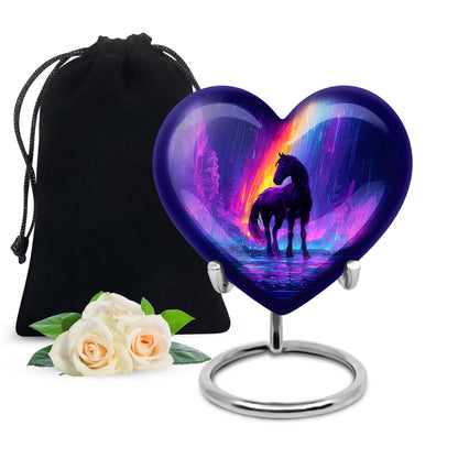 Bright Blue Horse Cremation Urn detail view - romantic heart urn with horse motif on aluminum - full-size 10 inch 200 cubic inch adult cremation urn