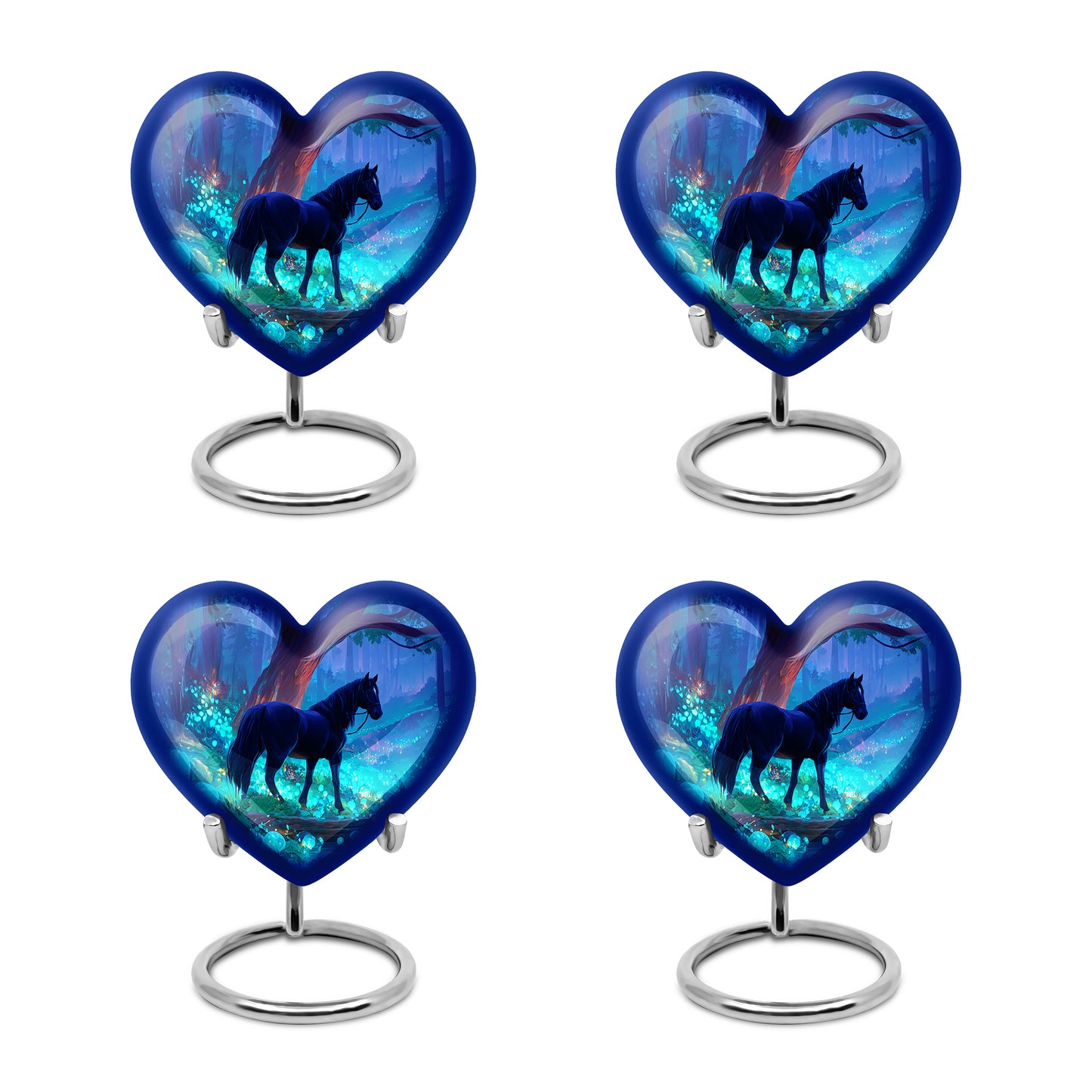 Twilight Blue Horse Cremation Urn angled view of lid and engraved motif - romantic heart urn with horse motif on aluminum - 10 inch aluminum urn for cremated remains