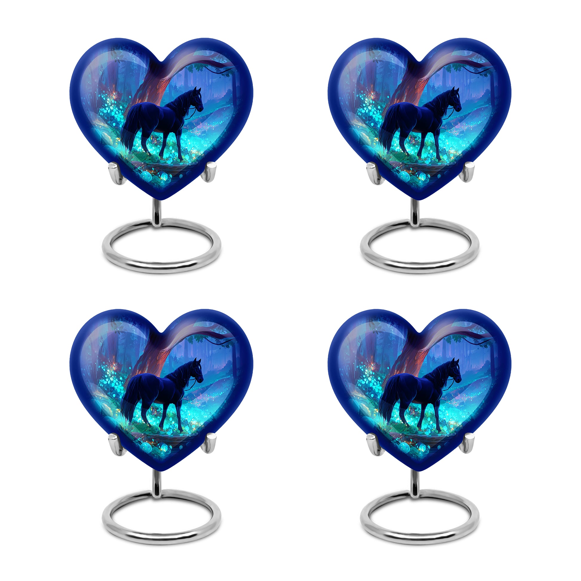 Twilight Blue Horse Cremation Urn angled view of lid and engraved motif - romantic heart urn with horse motif on aluminum - 10 inch aluminum urn for cremated remains