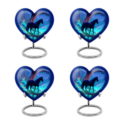 Twilight Blue Horse Cremation Urn angled view of lid and engraved motif - romantic heart urn with horse motif on aluminum - 10 inch aluminum urn for cremated remains