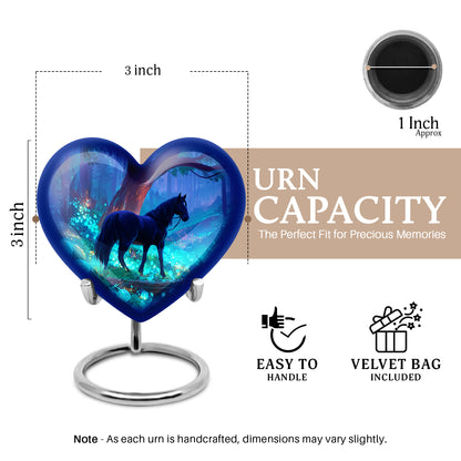 Azure Horse Cremation Urn front view showing detailed design - loving heart memorial featuring horse pattern - mini keepsake memorial for portion of cremation ashes